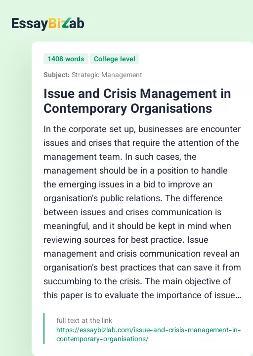 Issue and Crisis Management in Contemporary Organisations - Essay Preview