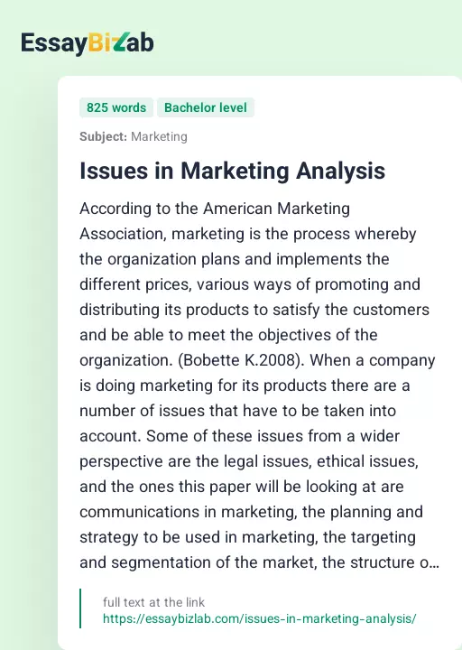 Issues in Marketing Analysis - Essay Preview