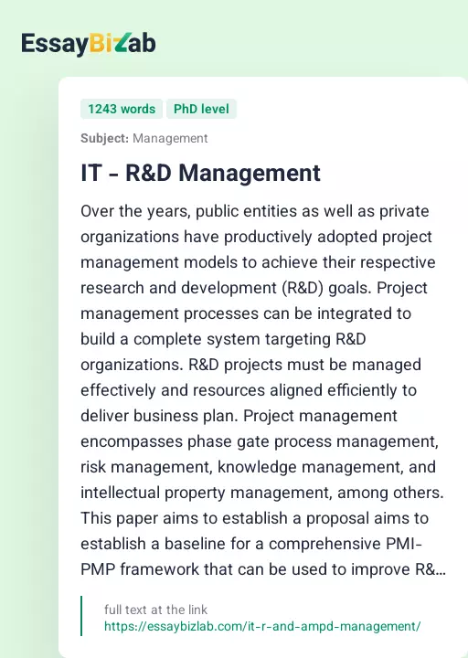 IT - R&D Management - Essay Preview