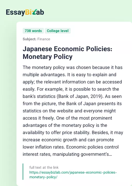 Japanese Economic Policies: Monetary Policy - Essay Preview