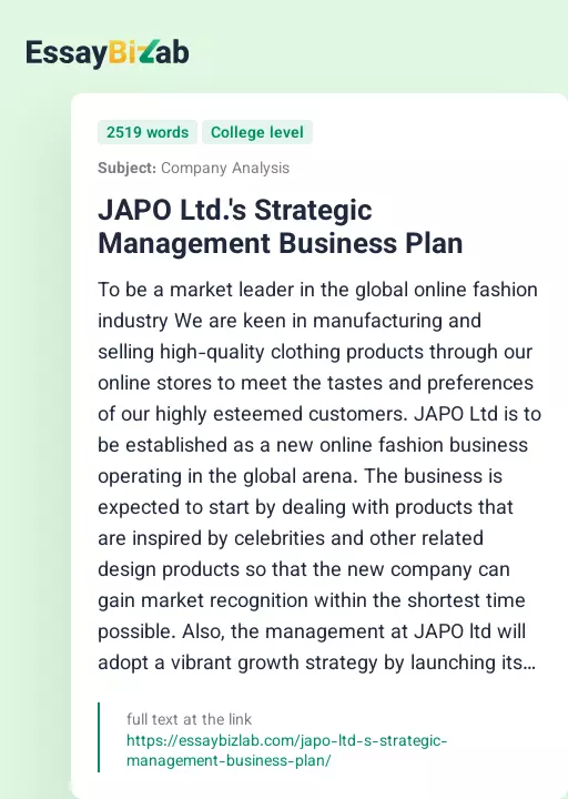 JAPO Ltd.'s Strategic Management Business Plan - Essay Preview