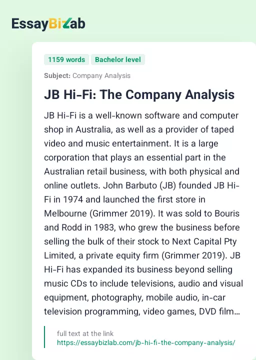 JB Hi-Fi: The Company Analysis - Essay Preview