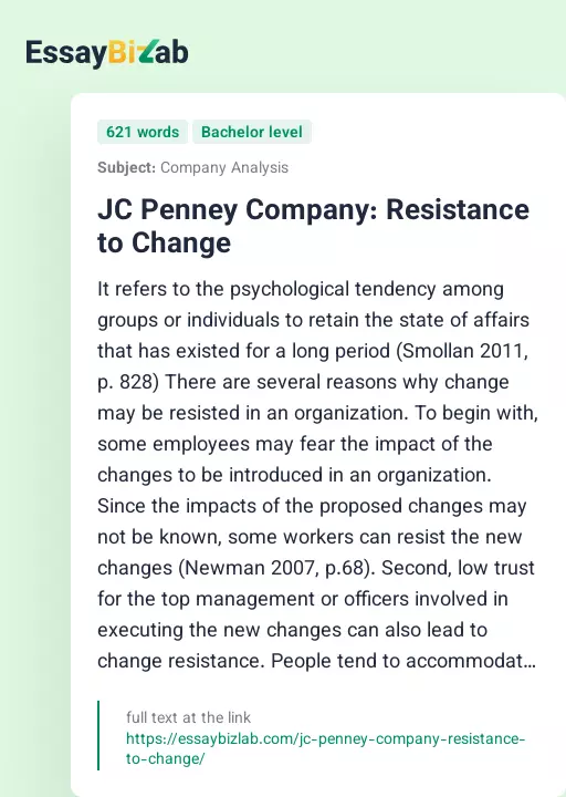 JC Penney Company: Resistance to Change - Essay Preview