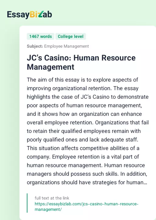 JC’s Casino: Human Resource Management - Essay Preview