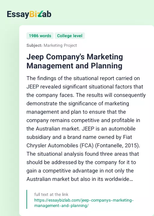 Jeep Company's Marketing Management and Planning - Essay Preview