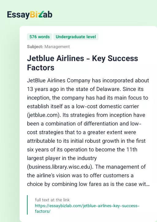 Jetblue Airlines - Key Success Factors - Essay Preview
