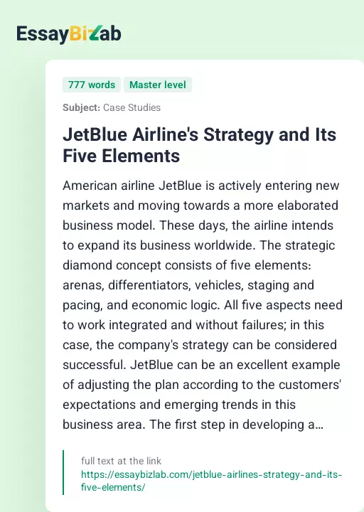 JetBlue Airline's Strategy and Its Five Elements - Essay Preview