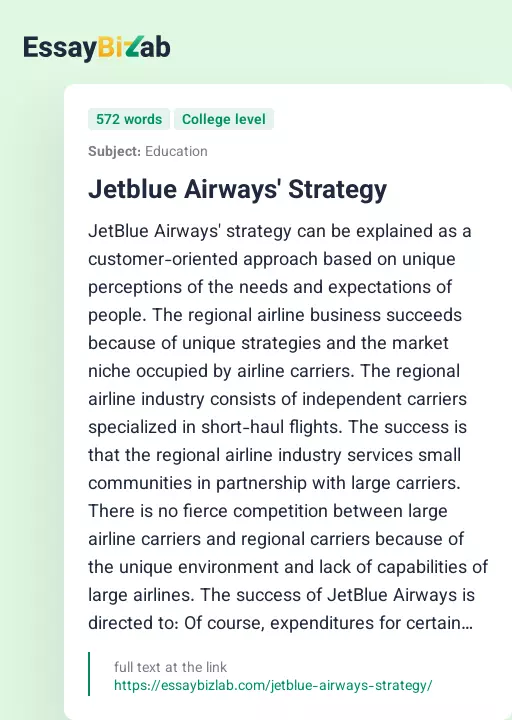 Jetblue Airways' Strategy - Essay Preview