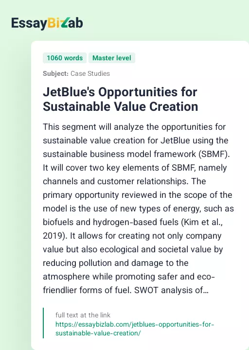 JetBlue's Opportunities for Sustainable Value Creation - Essay Preview