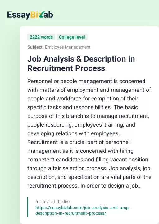Job Analysis & Description in Recruitment Process - Essay Preview