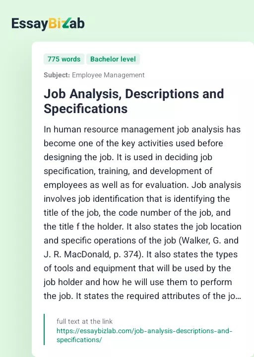 Job Analysis, Descriptions and Specifications - Essay Preview