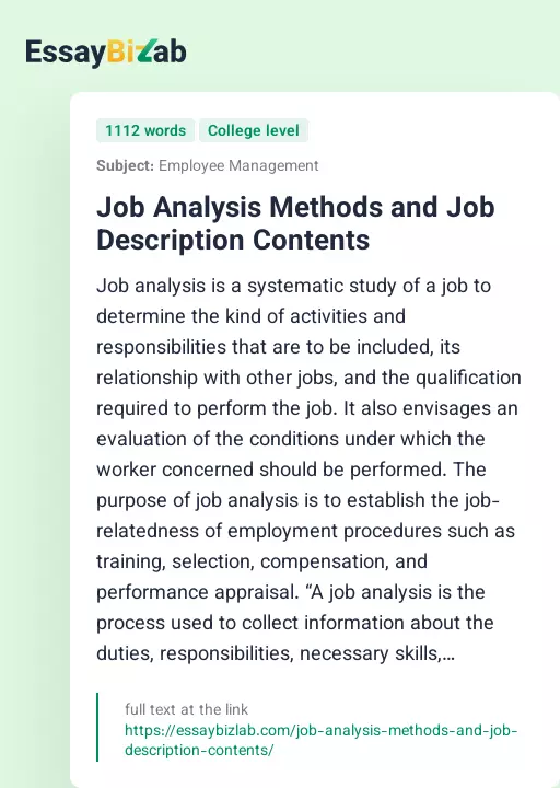 Job Analysis Methods and Job Description Contents - Essay Preview