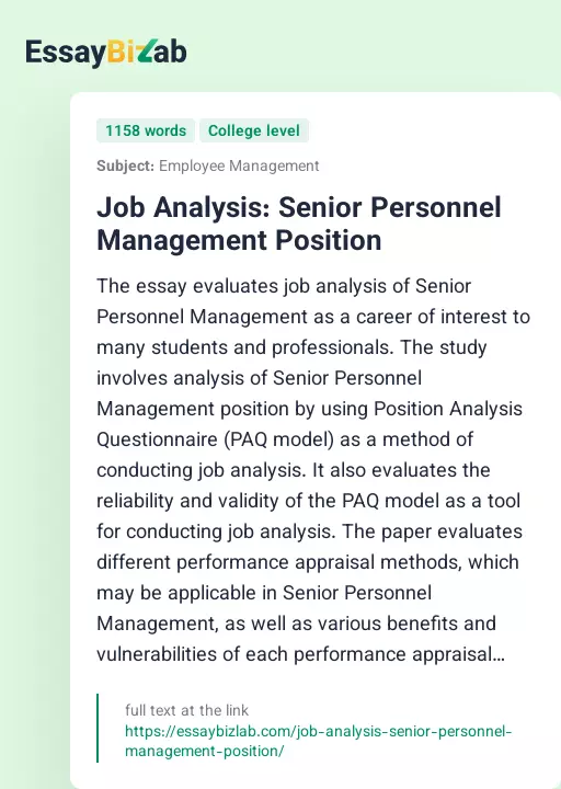Job Analysis: Senior Personnel Management Position - Essay Preview