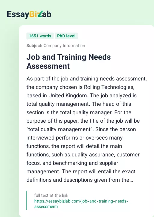Job and Training Needs Assessment - Essay Preview