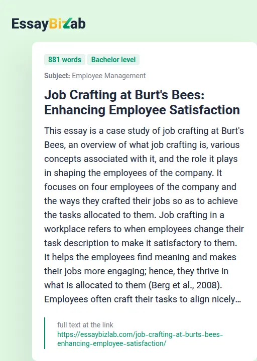 Job Crafting at Burt's Bees: Enhancing Employee Satisfaction - Essay Preview