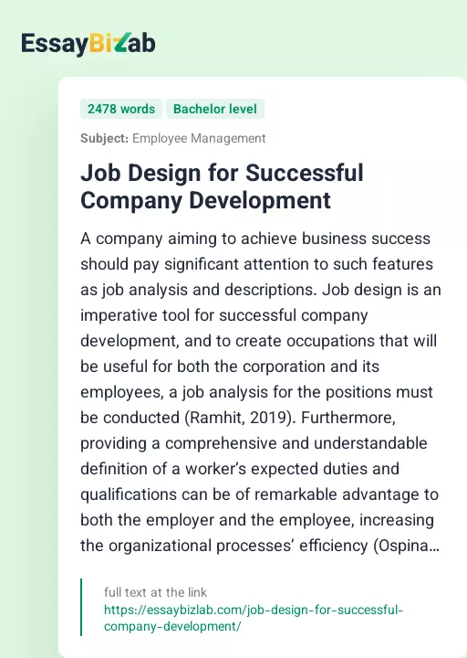 Job Design for Successful Company Development - Essay Preview