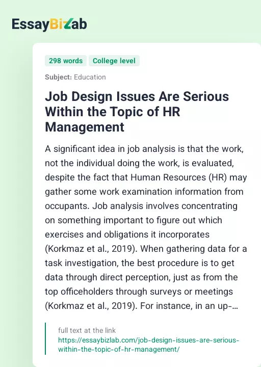 Job Design Issues Are Serious Within the Topic of HR Management - Essay Preview