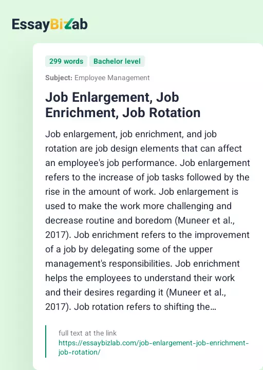 Job Enlargement, Job Enrichment, Job Rotation - Essay Preview