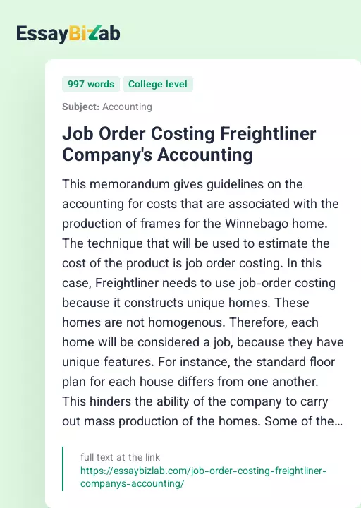 Job Order Costing Freightliner Company's Accounting - Essay Preview