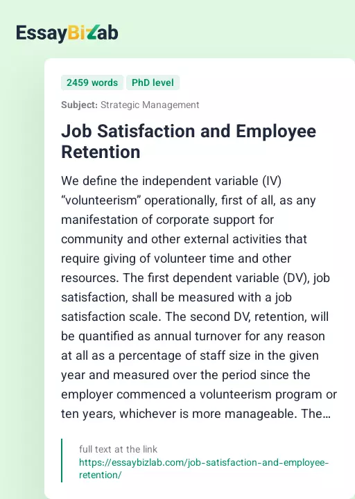 Job Satisfaction and Employee Retention - Essay Preview