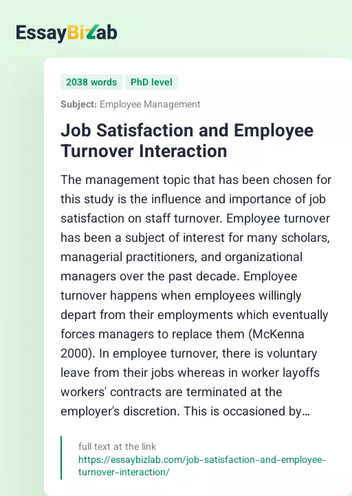 Job Satisfaction and Employee Turnover Interaction - Essay Preview