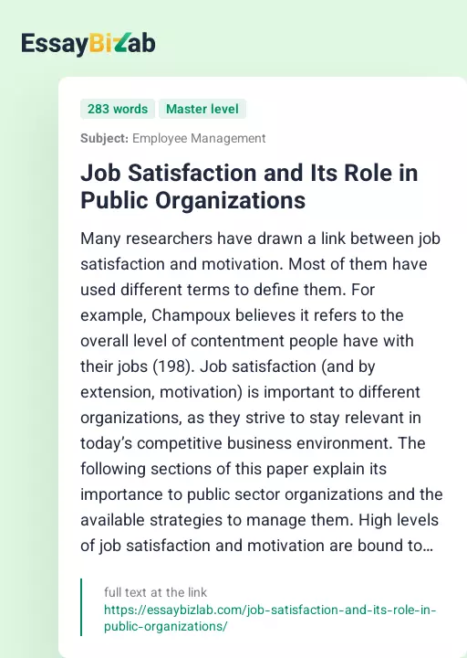 Job Satisfaction and Its Role in Public Organizations - Essay Preview