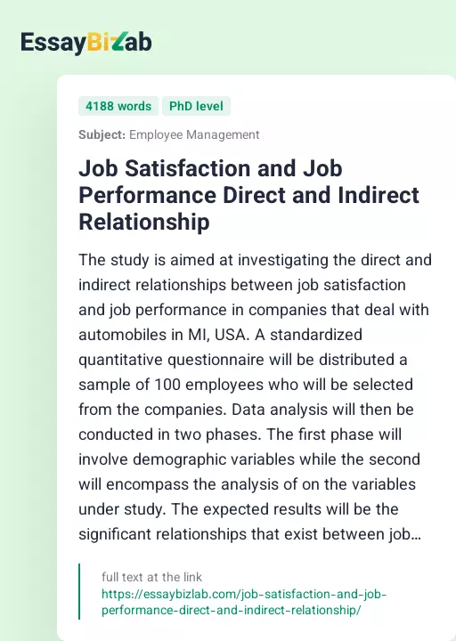 Job Satisfaction and Job Performance Direct and Indirect Relationship - Essay Preview