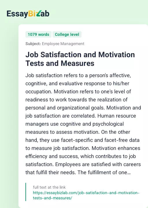 Job Satisfaction and Motivation Tests and Measures - Essay Preview