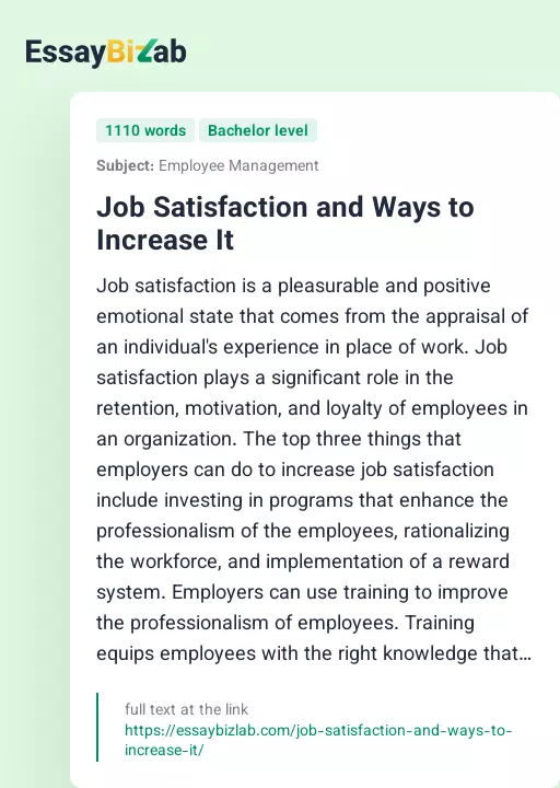 Job Satisfaction and Ways to Increase It - Essay Preview