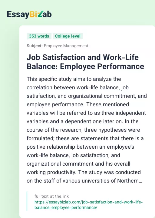 Job Satisfaction and Work-Life Balance: Employee Performance - Essay Preview