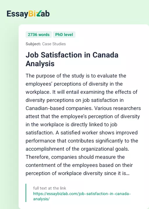 Job Satisfaction in Canada Analysis - Essay Preview