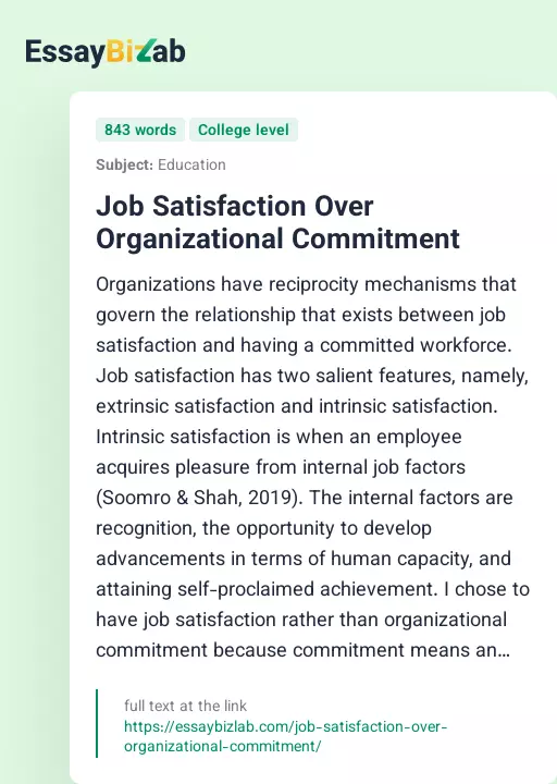 Job Satisfaction Over Organizational Commitment - Essay Preview