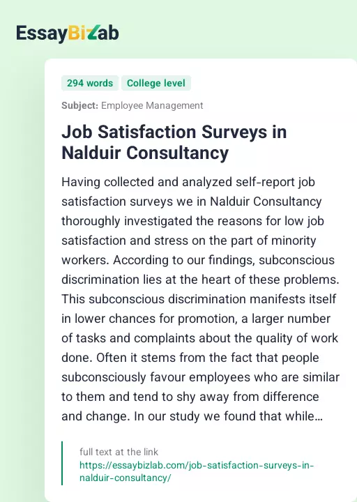 Job Satisfaction Surveys in Nalduir Consultancy - Essay Preview