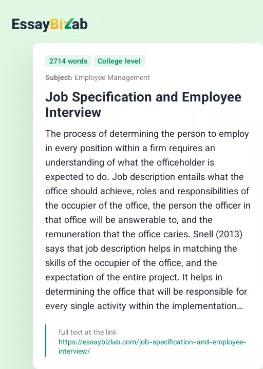 Job Specification and Employee Interview - Essay Preview