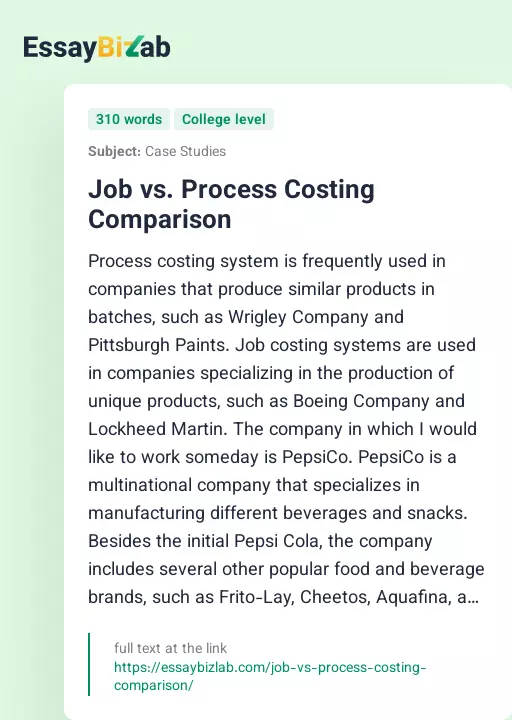 Job vs. Process Costing Comparison - Essay Preview