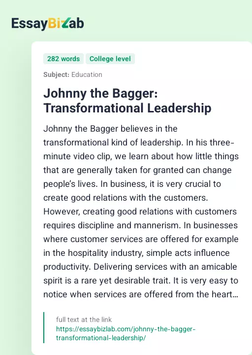 Johnny the Bagger: Transformational Leadership - Essay Preview