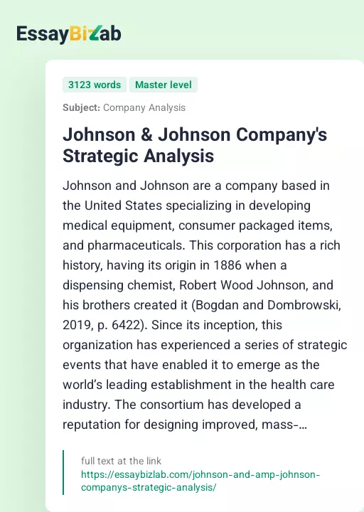Johnson & Johnson Company's Strategic Analysis - Essay Preview