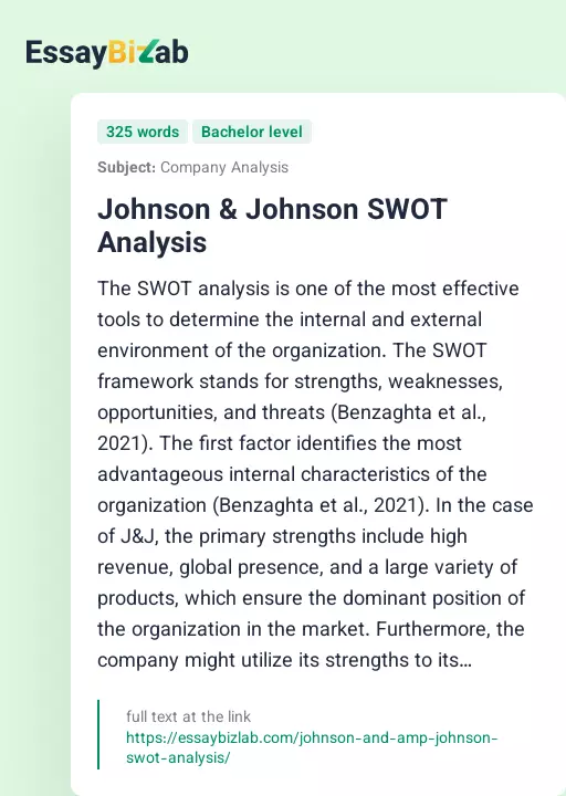 Johnson & Johnson SWOT Analysis - Essay Preview