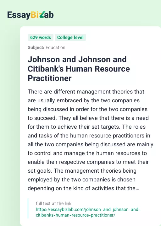Johnson and Johnson and Citibank's Human Resource Practitioner - Essay Preview