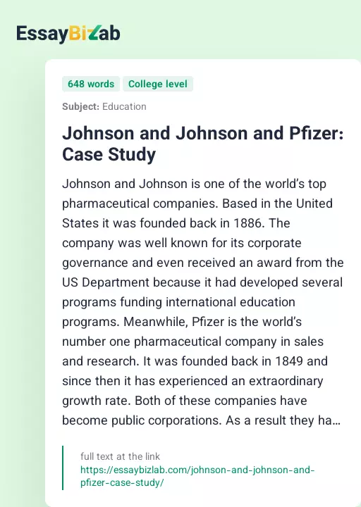 Johnson and Johnson and Pfizer: Case Study - Essay Preview