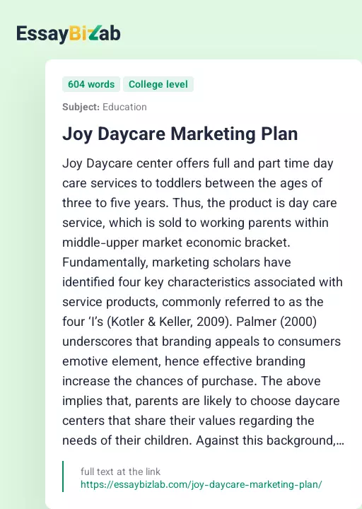 Joy Daycare Marketing Plan - Essay Preview