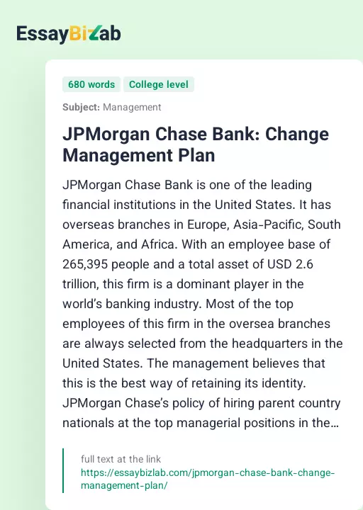 JPMorgan Chase Bank: Change Management Plan - Essay Preview