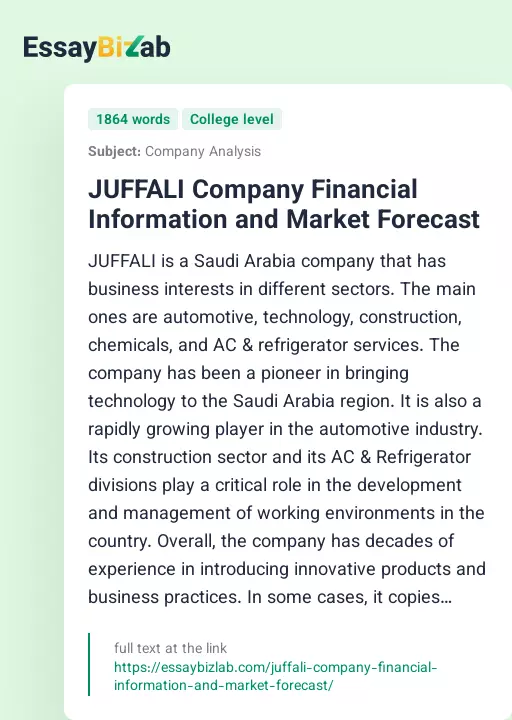 JUFFALI Company Financial Information and Market Forecast - Essay Preview