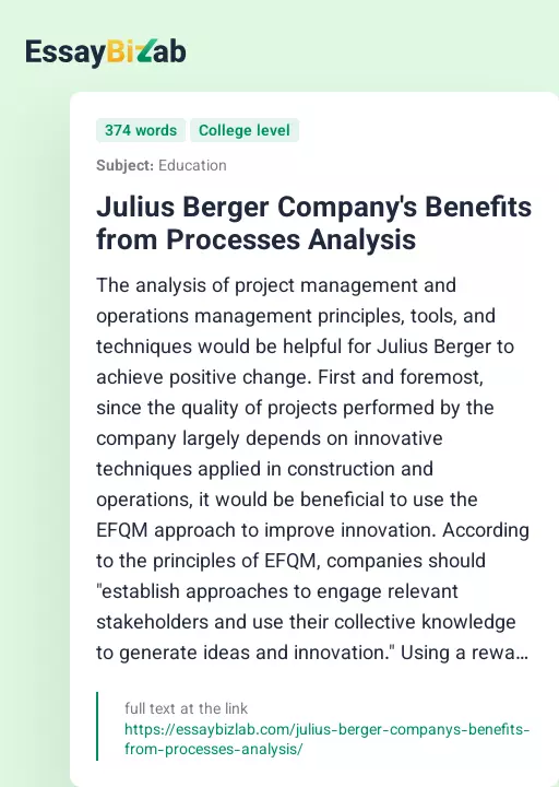 Julius Berger Company's Benefits from Processes Analysis - Essay Preview