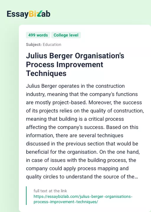 Julius Berger Organisation's Process Improvement Techniques - Essay Preview