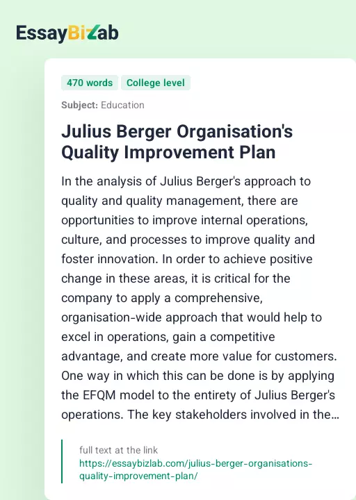 Julius Berger Organisation's Quality Improvement Plan - Essay Preview