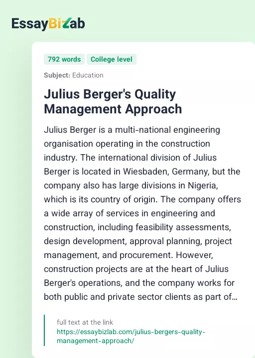 Julius Berger's Quality Management Approach - Essay Preview
