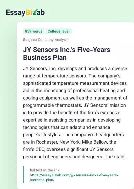 JY Sensors Inc.'s Five-Years Business Plan - Essay Preview