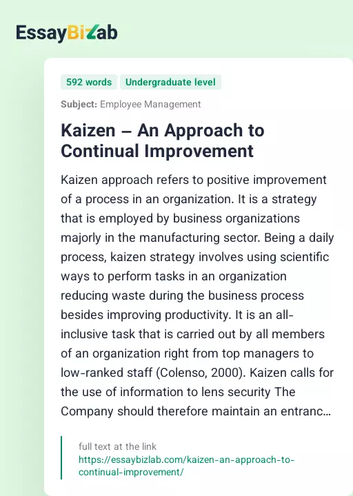 Kaizen – An Approach to Continual Improvement - Essay Preview