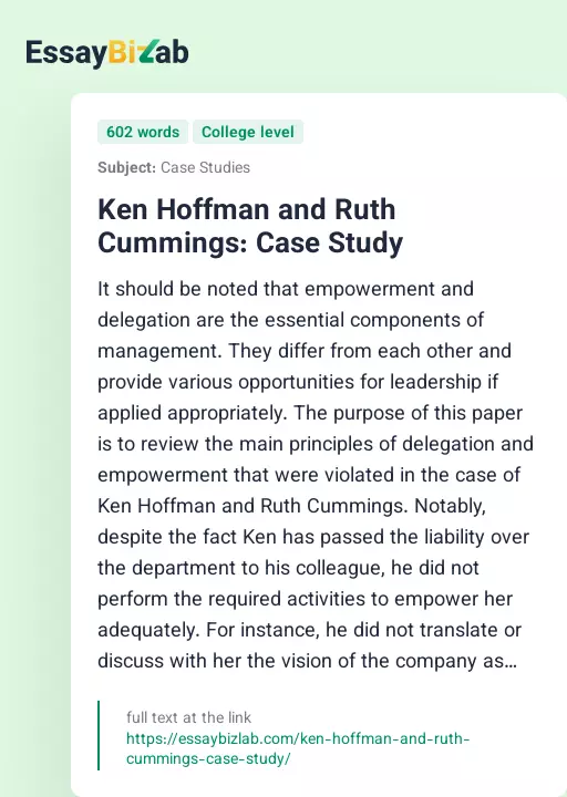 Ken Hoffman and Ruth Cummings: Case Study - Essay Preview